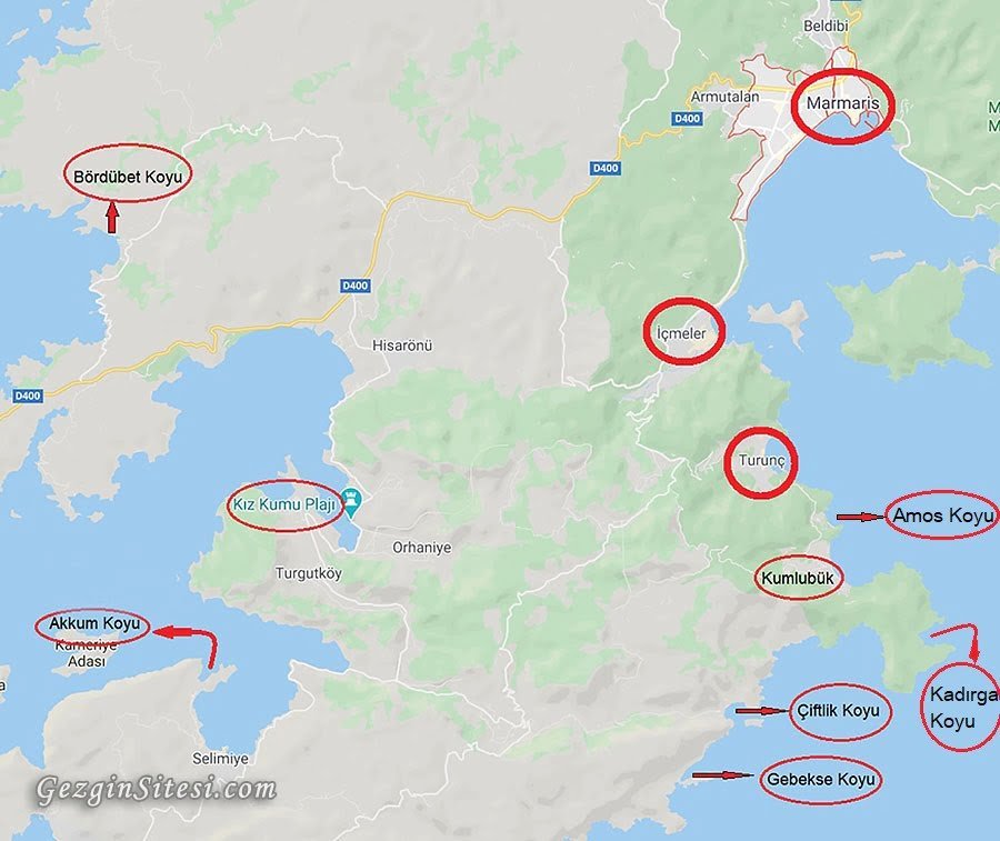 Marmaris koyları plajları harita